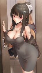  1girl absurdres airpods arm_tattoo axe bag barcode barcode_tattoo black_hair black_nails blood breast_tattoo breasts brown_cardigan cardigan cleavage closed_mouth covered_navel curvy d_(killer_wife)_(nikke) d_(nikke) doorway dos_(ehgns007kr) dress empty_eyes goddess_of_victory:_nikke grey_dress hair_bun hair_ornament hairclip handbag hatchet_(axe) highres holding holding_weapon large_breasts mask mask_pull mouth_mask nail_polish open_cardigan open_clothes red_eyes smile solo spaghetti_strap strap_gap tattoo weapon wireless_earphones 