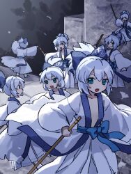  6+girls blue_bow blue_eyes blue_hair bow cirno clone hair_bow highres japanese_clothes kaigen_1025 kimono looking_at_another looking_at_viewer multiple_girls open_mouth outstretched_arms short_hair sketch sleeves_past_fingers sleeves_past_wrists touhou white_kimono  rating:General score:4 user:danbooru
