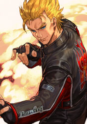  1boy black_gloves blonde_hair blue_eyes cowboy_shot fingerless_gloves fire gloves hungry_clicker jacket jacky_bryant leather leather_jacket looking_to_the_side male_focus sega solo spiked_hair virtua_fighter virtua_fighter_5 white_background 