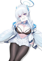  1girl absurdres blue_archive breasts covering_own_mouth elze_(s01047480836) grey_hair halo highres jacket long_hair long_sleeves looking_at_viewer mechanical_halo medium_breasts navel noa_(blue_archive) open_clothes open_shirt pantyhose purple_eyes shirt simple_background sitting solo very_long_hair white_background white_hair white_jacket white_shirt  rating:Sensitive score:14 user:danbooru