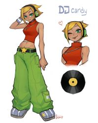  1girl :p absurdres blonde_hair blue_footwear blush closed_mouth green_eyes green_pants hand_up headphones heart highres looking_at_viewer matilda_fiship midriff multiple_views mysims navel one_eye_closed pants puffy_pants record red_shirt shirt shoes short_hair signature simple_background smile tongue tongue_out white_background wristband  rating:Sensitive score:12 user:danbooru