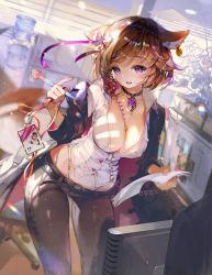 1girl animal_ears belt between_breasts breasts brown_hair brown_pants cleavage collar collared_shirt corded_phone cowboy_shot crab_d ear_piercing fox_ears fox_tail jacket jewelry large_breasts looking_at_viewer monitor open_clothes open_mouth open_shirt pants paper pencil phone piercing purple_eyes shirt short_hair smile solo tail white_shirt wing_collar rating:Sensitive score:24 user:danbooru