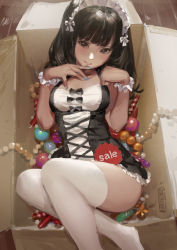 1girl bad_id bad_pixiv_id black_eyes black_hair blue_nails blunt_bangs blush box hjl in_box in_container looking_at_viewer maid maid_headdress nail_polish original sketch solo thighhighs white_thighhighs wrist_cuffs  rating:Sensitive score:163 user:danbooru