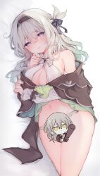  1girl bed_sheet black_hairband black_jacket breasts censored character_censor cleavage_cutout clothing_cutout cropped_jacket firefly_(honkai:_star_rail) fukunoki_tokuwa gradient_hair green_panties green_skirt grey_hair hair_between_eyes hair_intakes hair_ornament hairband hand_up highres honkai:_star_rail honkai_(series) jacket large_breasts long_hair looking_at_viewer lying multicolored_hair navel novelty_censor off_shoulder on_side panties parted_lips purple_eyes shirt skirt solo stelle_(honkai:_star_rail) stomach trailblazer_(honkai:_star_rail) underwear white_background white_shirt 
