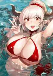  1girl aliza_(summer)_(granblue_fantasy) beach bikini bottomless breasts cleavage cover cow_horns draph granblue_fantasy grey_hair heart heart-shaped_pupils horns large_breasts long_hair looking_at_viewer o-ring o-ring_bikini o-ring_top ocean open_mouth pointy_ears ponytail pubic_tattoo red_bikini red_scrunchie red_slingshot_swimsuit scrunchie shortstack smile solo swimsuit symbol-shaped_pupils tattoo v wakamesan 