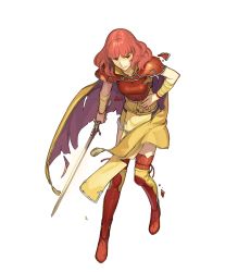  1girl armor bandaged_arm bandages breastplate cape celica_(fire_emblem) fire_emblem fire_emblem_gaiden fire_emblem_heroes full_body hidari_(left_side) highres holding holding_sword holding_weapon long_hair nintendo non-web_source official_art pelvic_curtain red_eyes red_hair solo sword thighhighs torn_cape torn_clothes transparent_background weapon  rating:General score:7 user:danbooru