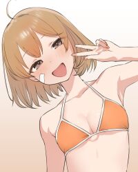  1girl :d ahoge bandaid bandaid_on_face bikini blush breasts brown_eyes brown_hair cleavage gradient_background highres kantai_collection medium_breasts nail_polish oboro_(kancolle) open_mouth sakieko short_hair simple_background smile swimsuit v white_background 