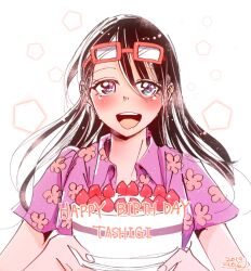  1girl black_hair cake character_name commentary dated eyewear_on_head floating_hair floral_print food happy_birthday holding holding_plate long_hair looking_at_viewer one_piece open_mouth plate shina_(ooo417ooo) short_sleeves smile solo strawberry_shortcake tashigi teeth upper_body upper_teeth_only wing_collar 