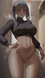  1girl absurdres black_clover black_sweater blurry blurry_background bottomless breasts cleft_of_venus commentary cropped_sweater cross cross_earrings earrings english_text gluteal_fold grey_hair hand_on_own_hip highres indoors jewelry large_breasts long_hair long_sleeves looking_at_viewer navel no_panties noelle_silva oroborus parted_lips purple_eyes pussy solo steaming_body sweater thick_thighs thighs twintails uncensored underwear watermark  rating:Explicit score:30 user:Hashirama089