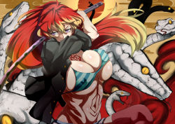  1girl ao_no_exorcist blonde_hair bra breasts cleavage female_focus kirigakure_shura large_breasts long_hair multicolored_hair nipples nuezou red_hair snake solo striped_bra striped_clothes sword thighhighs underwear weapon  rating:Questionable score:110 user:AzylSagara