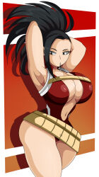  1girl absurdres armpits arms_behind_head ass bare_shoulders black_eyes black_hair boku_no_hero_academia breasts center_opening cleavage female_focus halterneck highres large_breasts leotard long_hair looking_to_the_side matching_hair/eyes mouth_hold navel ponytail red_leotard revealing_clothes sleeveless solo sonson-sensei standing superhero_costume thick_thighs thighs wide_hips yaoyorozu_momo  rating:Sensitive score:29 user:Groveman