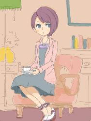  1girl blue_eyes blush dress female_focus indoors katia_anderson level-5 level_5 partially_colored professor_layton purple_hair short_hair solo tagme 