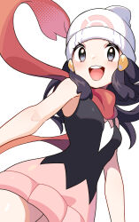  1girl :d =_(9_yawbus) absurdres beanie black_hair black_shirt blush commentary_request creatures_(company) dawn_(pokemon) eyelashes floating_scarf game_freak grey_eyes hair_ornament hairclip happy hat highres long_hair nintendo open_mouth pink_skirt pokemon pokemon_dppt scarf shirt sidelocks skirt sleeveless sleeveless_shirt smile solo teeth upper_teeth_only white_background white_hat  rating:General score:9 user:danbooru