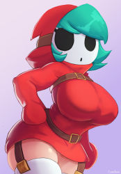  1girl absurdres belt blue_hair breasts cranihum gloves highres large_breasts looking_at_viewer mario_(series) mask nintendo red_gloves red_hood shortstack shy_gal thick_thighs thighs  rating:Sensitive score:117 user:Gearbox1