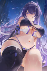  1girl absurdres acheron_(honkai:_star_rail) bikini black_bikini black_choker black_gloves black_thighhighs cameltoe choker cleft_of_venus commentary_request elbow_gloves eyes_visible_through_hair gloves hair_ornament hair_over_one_eye highres honkai:_star_rail honkai_(series) long_hair looking_at_viewer machi_(7769) navel night night_sky outdoors paid_reward_available parted_lips patreon_username purple_eyes purple_hair shooting_star single_elbow_glove single_thighhigh sky solo swimsuit thighhighs 
