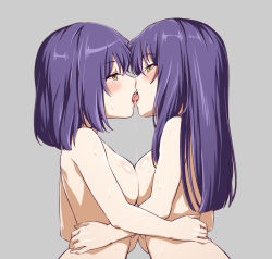 2girls arched_back blush breast_press breasts eye_contact female_focus french_kiss from_side grey_background half-closed_eyes incest jitome kiss kujya large_breasts lips long_hair looking_at_another medium_hair mole mole_under_eye multiple_girls nude original profile purple_hair saliva shiny_skin siblings simple_background sisters standing sweat symmetrical_docking tongue tongue_out torso_grab twincest twins upper_body yellow_eyes yuri rating:Explicit score:139 user:robblu
