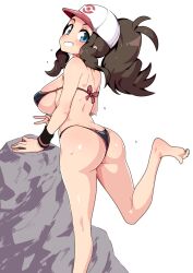  1girl ass bikini black_bikini blue_eyes blush breasts brown_hair butt_crack commentary_request creatures_(company) curvy game_freak hat highres hilda_(pokemon) large_breasts looking_at_viewer looking_back medium_hair nintendo pokemon pokemon_bw ponytail rock shiny_skin simple_background smile soles solo standing standing_on_one_leg swimsuit thong thong_bikini toes tottotonero wet white_background white_hat wide_hips wrist_cuffs  rating:Sensitive score:77 user:danbooru