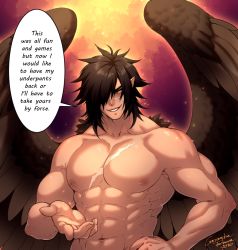 1boy abs bara beckoning black_hair completely_nude crescentia_fortuna english_text feathered_wings fire_emblem fire_emblem:_radiant_dawn highres large_pectorals male_focus medium_hair muscular muscular_male navel nintendo nipples nude pectorals pointy_ears scar scar_on_chest sidelocks smile solo stomach tibarn_(fire_emblem) wings yellow_eyes rating:Sensitive score:12 user:danbooru