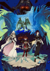  2girls 4boys absurdres aged_down armor belt black_cape black_footwear black_pants blonde_hair blue_eyes boots bow_(weapon) cape chaos_dragon_garv clenched_teeth closed_eyes closed_mouth copyright_name dark_star_dugradigdu dress dual_persona filia_ul_copt gem gloves headband highres holding holding_bow_(weapon) holding_staff holding_weapon knee_boots light_smile lina_inverse long_hair looking_at_viewer monster multiple_boys multiple_girls nagisa_iwa orange_hair own_hands_clasped own_hands_together pants pantyhose parted_bangs pauldrons pink_dress pink_legwear purple_hair red_eyes serious shawl shoes shoulder_armor slayers slayers_try staff standing teeth valgarv_(slayers) weapon white_cape white_footwear white_gloves white_headwear wings xelloss 
