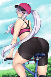 1girl ass bicycle bike_shorts breasts frolaytia_capistrano hat heavy_object huge_ass large_breasts lindaroze md5_mismatch outdoors ponytail purple_eyes resolution_mismatch silver_hair solo source_smaller sports_bra thighs rating:Questionable score:56 user:danbooru