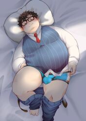 1boy bara big_belly blue_male_underwear blush boxer_briefs bulge clothes_pull denim facial_hair fat from_above glasses goatee_stubble highres jeans lying male_focus male_underwear necktie obese on_back on_bed original osu_(osumankokuou) pants pants_pull salaryman solo stubble thick_eyebrows thick_thighs thighs underwear undressing 