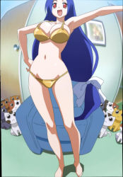  1girl absurdres barefoot blue_hair breasts cleavage highres large_breasts long_hair looking_at_viewer mayoi_neko_overrun! open_mouth red_eyes screencap smile solo standing stitched swimsuit third-party_edit tsuzuki_otome 
