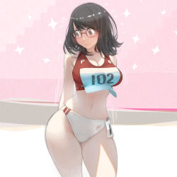  1girl arms_behind_back bare_arms bare_legs bare_shoulders black_eyes black_hair blush breasts buruma buruma_pull cleavage closed_mouth clothes_pull contrapposto cowboy_shot crop_top curvy embarrassed eyebrows fidgeting flying_sweatdrops glasses gym_uniform hair_ornament hairclip large_breasts looking_away looking_back midriff motion_lines name_tag navel original pink_background pink_crown red-framed_eyewear solo sparkle sports_bikini standing striped swept_bangs tank_top thighs track_uniform two-tone_background wavy_mouth wide_hips  rating:Sensitive score:168 user:danbooru