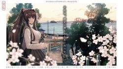  absurdres blurry brown_hair brown_skirt cherry_blossoms commentary_request cowboy_shot depth_of_field dress flower hair_flower hair_ornament highres kantai_collection kasumi_(skchkko) long_hair official_art pleated_dress red_eyes ribbed_sweater scenery second-party_source skirt sweater torii translation_request white_sweater yamato_(kancolle) 