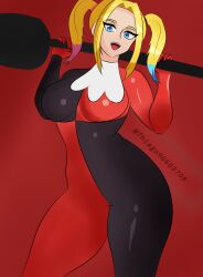  1girl artist_name bad_tag blonde_hair blue_eyes bodysuit breasts dc_comics dyed_hair female female_focus harley_quinn solo tfa tfa_(artist) thick_thighs thighs tight_clothes twintails wide_hips 