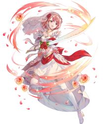  1girl attack boots bow bridal_veil bride detached_sleeves dress fire_emblem fire_emblem_engage fire_emblem_heroes flower gloves gold_trim hairband halterneck highres holding holding_sword holding_weapon lapis_(fire_emblem) lapis_(mighty_bride)_(fire_emblem) miwabe_sakura nintendo non-web_source official_alternate_costume official_art open_mouth petals pink_eyes pink_hair red_bow red_flower red_rose rose solo sword thigh_boots thighhighs two-tone_hairband veil weapon wedding_dress white_background white_dress white_gloves white_hairband yellow_hairband zettai_ryouiki 