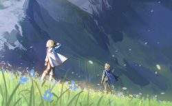 1boy 1girl alzi_xiaomi arm_at_side bandaged_arm bandages black_pants blonde_hair blue_cape blue_flower bob_cut boots cape commentary_request day facing_away flower grass hand_up highres hood hood_down hooded_cape link long_sleeves looking_up matching_outfits meadow motion_blur mountain nature nintendo outdoors pants pants_tucked_in petals princess_zelda profile short_hair short_sleeves standing the_legend_of_zelda the_legend_of_zelda:_breath_of_the_wild the_legend_of_zelda:_tears_of_the_kingdom wind rating:Sensitive score:11 user:danbooru