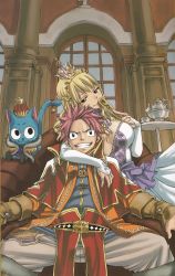 1boy 1girl arm_around_neck breasts chair cleaned crown fairy_tail happy_(fairy_tail) highres large_breasts lucy_heartfilia mashima_hiro natsu_dragneel official_art sitting smile table rating:Sensitive score:41 user:jojosstand