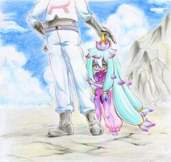  1boy 1girl barefoot belt blue_eyes blue_hair blue_sky boots cloud colored_pencil_(medium) colored_sclera colored_skin creatures_(company) crown dress fang game_freak gen_7_pokemon highres holding_another&#039;s_leg james_(pokemon) long_hair mareanie momoebi mountain nintendo personification pokemon purple_dress purple_skin rock see-through see-through_legwear shy size_difference sky traditional_media very_long_hair yellow_sclera 