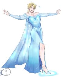  1boy :d absurdres blonde_hair blue_dress blush cosplay covered_navel crossdressing dio_brando dress elsa_(frozen) elsa_(frozen)_(cosplay) frozen_(disney) full_body high_heels highres jojo_no_kimyou_na_bouken long_hair looking_at_viewer male_focus open_mouth outstretched_arms red_eyes roxasaurusxiii side_slit simple_background smile solo_focus white_background x_x  rating:Sensitive score:9 user:danbooru