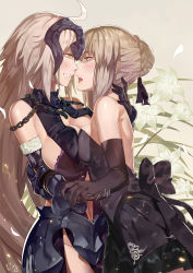 2girls ahoge armor artist_name artoria_pendragon_(all) artoria_pendragon_(fate) ass asymmetrical_docking bad_id bad_pixiv_id bare_shoulders black_dress black_gloves black_ribbon blonde_hair blush braid breast_press breasts brown_eyes chain club3 cowboy_shot dress elbow_gloves eye_contact fate/grand_order fate_(series) floral_background flower french_braid from_side fur_trim gloves gothic_lolita grey_background grey_hair hair_bun hair_ribbon headpiece highres jeanne_d&#039;arc_(fate) jeanne_d&#039;arc_alter_(avenger)_(fate) jeanne_d&#039;arc_alter_(fate) large_breasts lily_(flower) lolita_fashion looking_at_another medium_breasts multiple_girls open_mouth parted_lips ribbon saber_alter sidelocks signature simple_background single_hair_bun smile thighs yellow_eyes yuri rating:Questionable score:61 user:danbooru