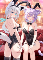  2girls :d absurdres alternate_costume animal_ear_fluff animal_ears back bare_back bare_legs bare_shoulders black_bow black_bowtie black_leotard blue_eyes blue_hair blurry blurry_background blush bow bowtie breasts cat_ears cat_girl cat_tail cleavage collarbone colored_inner_hair commentary_request couch detached_collar fake_animal_ears fox_ears fox_girl fox_tail highres hololive large_breasts leotard long_hair looking_at_viewer multicolored_hair multiple_girls nekomata_okayu on_couch open_mouth playboy_bunny purple_eyes purple_hair rabbit_ears shirakami_fubuki short_hair sitting smile tail thigh_strap togemaru34 two-tone_hair virtual_youtuber white_hair 