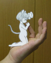  1girl animal_ears character_cutout completely_nude in_palm indoors kneeling loli male_hand mini_person minigirl mouse_ears mouse_tail nude paper_child papercraft_(medium) photo_(medium) sasaki_yukinojou short_hair size_difference solo_focus tail translation_request unconventional_media  rating:Questionable score:60 user:danbooru