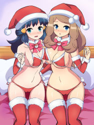 00s 10s 2girls :o alternate_color aqua_eyes bare_shoulders beanie bed bell bikini bikini_top_only blue_eyes blue_hair blush bow bowtie bra breast_press breasts brown_hair cameltoe christmas chro_(rulurullu) cleavage creatures_(company) dawn_(pokemon) front-tie_top game_freak hair_ornament hairclip hat highres jingle_bell large_breasts long_hair looking_at_viewer medium_breasts midriff multiple_girls navel nintendo on_bed panties parted_lips pillow poke_ball_theme pokemon pokemon_(anime) pokemon_dppt pokemon_xy red_bra red_panties red_thighhighs santa_hat serena_(pokemon) shiny_skin side-tie_bikini_bottom sitting swimsuit thigh_gap thighhighs underwear undressing rating:Questionable score:320 user:TheRedLight