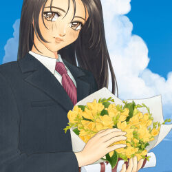 1girl album_cover black_jacket bouquet brown_eyes brown_hair cloud collared_shirt commentary cover diploma english_commentary flower highres holding holding_bouquet holding_diploma jacket long_hair looking_at_viewer necktie original outdoors parted_lips pink_lips red_necktie shirt sky solo upper_body white_shirt yellow_flower yue_(yung_n_dum_)