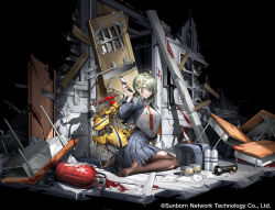  1girl ahoge bag baseball_bat battery belt black_background black_belt black_choker black_pantyhose blazer blood blue_bag blue_jacket blue_skirt bottle breasts broken_window can cellphone choker classroom collared_shirt copyright_notice de_lacey_(neural_cloud) desk door faux_figurine fire_extinguisher flashlight flip_phone from_side full_body girls&#039;_frontline girls&#039;_frontline_neural_cloud green_hair grin hair_between_eyes hair_ornament hand_up highres holding holding_phone id_card jacket large_breasts looking_at_viewer mechanical_tail miniskirt mole mole_under_mouth multicolored_eyes necktie no_shoes official_alternate_costume official_art open_bag open_clothes open_jacket orange_necktie pantyhose phone pleated_skirt purple_eyes red_eyes rubble ruins scar scar_on_face school_bag school_desk school_uniform shirt shirt_tucked_in skirt smile solo symbol-shaped_pupils tail teeth tented_shirt torn_clothes torn_jacket torn_pantyhose vinegar_kira water_bottle white_shirt x_hair_ornament 