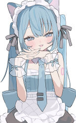  1girl :d absurdres alternate_costume animal_ears apron black_ribbon black_skirt blue_eyes blue_hair blue_nails blue_necktie blush cat_ears cat_girl cowboy_shot detached_collar enmaided frilled_apron frilled_skirt frills hair_ribbon hakudaku half-closed_eyes hands_up hatsune_miku head_tilt heart heart_in_eye highres interlocked_fingers kemonomimi_mode long_hair looking_at_viewer maid maid_headdress nail_polish necktie open_mouth ribbon simple_background skirt smile solo straight-on symbol_in_eye tie_clip twintails vocaloid white_apron white_background 