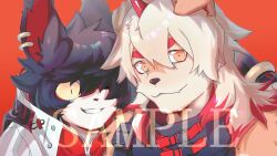  2boys aak_(arknights) arknights arm_around_neck black_eyes chinese_commentary colored_sclera colored_tips commentary_request dan_(59736969) earrings fang furry furry_male highres horns hung_(arknights) jewelry komainu_boy komainu_ears male_focus multicolored_hair multiple_boys orange_background orange_eyes sample_watermark single_horn skin_fang smile upper_body watermark yellow_sclera 