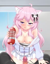  1girl absurdres animal_ears armpit_crease artificial_vagina blush breasts breasts_out cat_ears cat_girl cum cumdrip hand_on_another&#039;s_thigh highres hood hoodie indie_virtual_youtuber indoors kiniro_tofu large_breasts legs lying nail_polish naughty_face nipples nyatasha_nyanners nyatasha_nyanners_(1st_costume) penis pink_hair purple_eyes sex_toy smile source_request virtual_youtuber  rating:Explicit score:64 user:Cookiette1