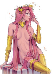  1girl adjusting_hair aphrodite_(hades) artist_name breasts closed_mouth facepaint flower gold_bracelet gold_thighhighs groin hades_(series) hades_2 hair_censor hair_flower hair_ornament hand_on_ground hand_up heart lips long_hair looking_ahead medium_breasts navel nude paulina_klime pink_eyes pink_hair pink_lips simple_background sitting solo stomach straight_hair very_long_hair white_background  rating:Questionable score:15 user:danbooru