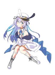  1girl absurdres alternate_costume animal_hat bare_shoulders blue_hair blue_jacket boots bridal_garter buttons dot_nose double-breasted floating_hair full_body gochuumon_wa_usagi_desu_ka? gradient_hair hat high_heel_boots high_heels highres jacket kafuu_chino light_blue_hair looking_to_the_side multicolored_hair off-shoulder_jacket off_shoulder open_mouth parted_lips pigeon-toed purple_hair rabbit_hat seinaru_somen shirt sideways_glance simple_background sitting sitting_on_air sketch solo two-sided_fabric white_background white_footwear white_jacket white_shirt 