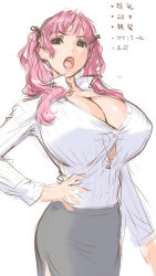 1girl bad_id bad_pixiv_id breasts bursting_breasts cleavage green_eyes huge_breasts no_bra pink_hair sano_toshihide shirt sketch skirt solo twintails white_shirt rating:Questionable score:87 user:danbooru