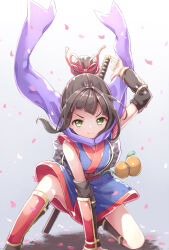  &gt;:) 1girl arm_behind_head arm_guards arm_support arm_up back_bow black_footwear black_hair blue_kimono bow breasts cherry_blossoms closed_mouth commentary_request detached_sleeves gourd gradient_background green_eyes grey_background hair_bun hair_ribbon hamaguchi_ayame hand_on_ground idolmaster idolmaster_cinderella_girls japanese_clothes kimono kneeling kuresuku_(lessons) long_scarf looking_at_viewer medium_breasts medium_hair ninja on_one_knee petals purple_scarf red_trim ribbon scarf shin_guards short_kimono sidelocks single_hair_bun sleeveless sleeveless_kimono smile solo superhero_landing sword thick_eyelashes thighs triangle_print v-shaped_eyebrows weapon weapon_on_back white_background 