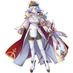  1girl aqua_eyebrows artist_request breasts buttons capelet closed_mouth coat coat_on_shoulders collar diamond_(shape) diamond_pattern diamond_print eloise_(final_gear) epaulettes final_gear flower_knot full_body fur-trimmed_coat fur_trim gloves hat highres holding holding_sword holding_weapon large_breasts long_hair long_sidelocks long_sleeves looking_at_viewer mandarin_collar military_uniform official_art pantyhose peaked_cap plus_sign plus_sign_print red_tassel sheath sidelocks simple_background smile solo standing sword tachi-e thighhighs third-party_source transparent_background two-tone_sleeves two-tone_thighhighs uniform wavy_hair weapon white_capelet white_coat white_collar white_footwear white_gloves white_sleeves white_thighhighs white_uniform yellow_eyes 
