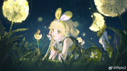  1girl :d absurdres artist_name blonde_hair chinese_clothes chinese_commentary commentary_request dandelion dandelion_clock dandelion_seed dress earrings eyelashes fingerless_gloves flower flower_earrings foot_up gloves grass green_dress green_eyes green_footwear green_hairband green_ribbon hair_ribbon hairband hands_up highres irple jewelry leg_warmers long_hair looking_at_animal lying mouse_(animal) night night_sky on_grass on_stomach open_mouth outdoors own_hands_together plant ribbon shoes sidelocks sky sleeveless sleeveless_dress smile solo sparkle verina_(wuthering_waves) weibo_logo weibo_watermark white_flower white_gloves white_hairband white_leg_warmers white_ribbon wuthering_waves 