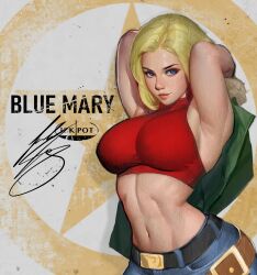  1girl abs armpit_crease armpits arms_behind_head arms_up blonde_hair blue_eyes blue_mary breasts denim fatal_fury highres holding holding_clothes holding_jacket ickpot jacket jeans large_breasts midriff navel pants red_tank_top smile snk solo tank_top the_king_of_fighters toned  rating:Sensitive score:28 user:danbooru